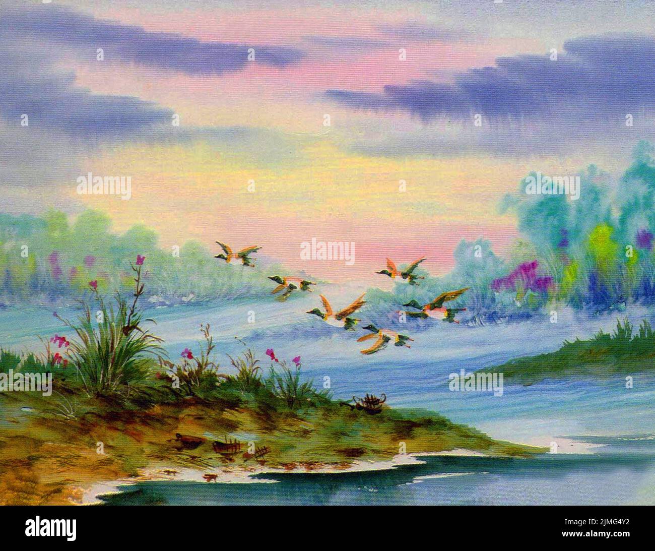 Arte della pittura ad acquerello come sfondo Teal volando sopra il canale Foto Stock