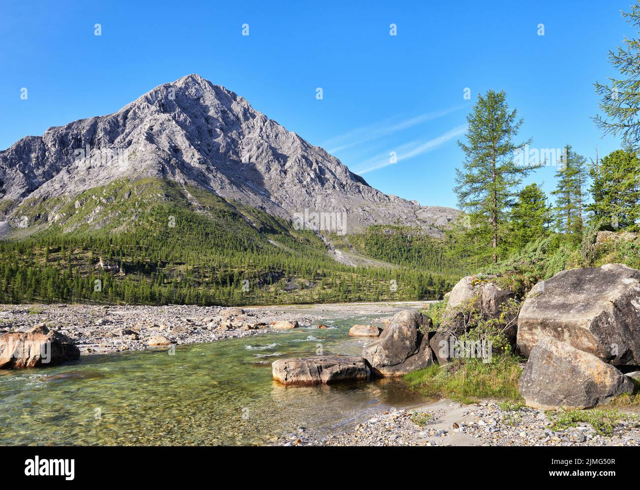 Fiume di montagna in un'ampia pianura alluvionale. Sayan orientale. Buryatia. Russia Foto Stock