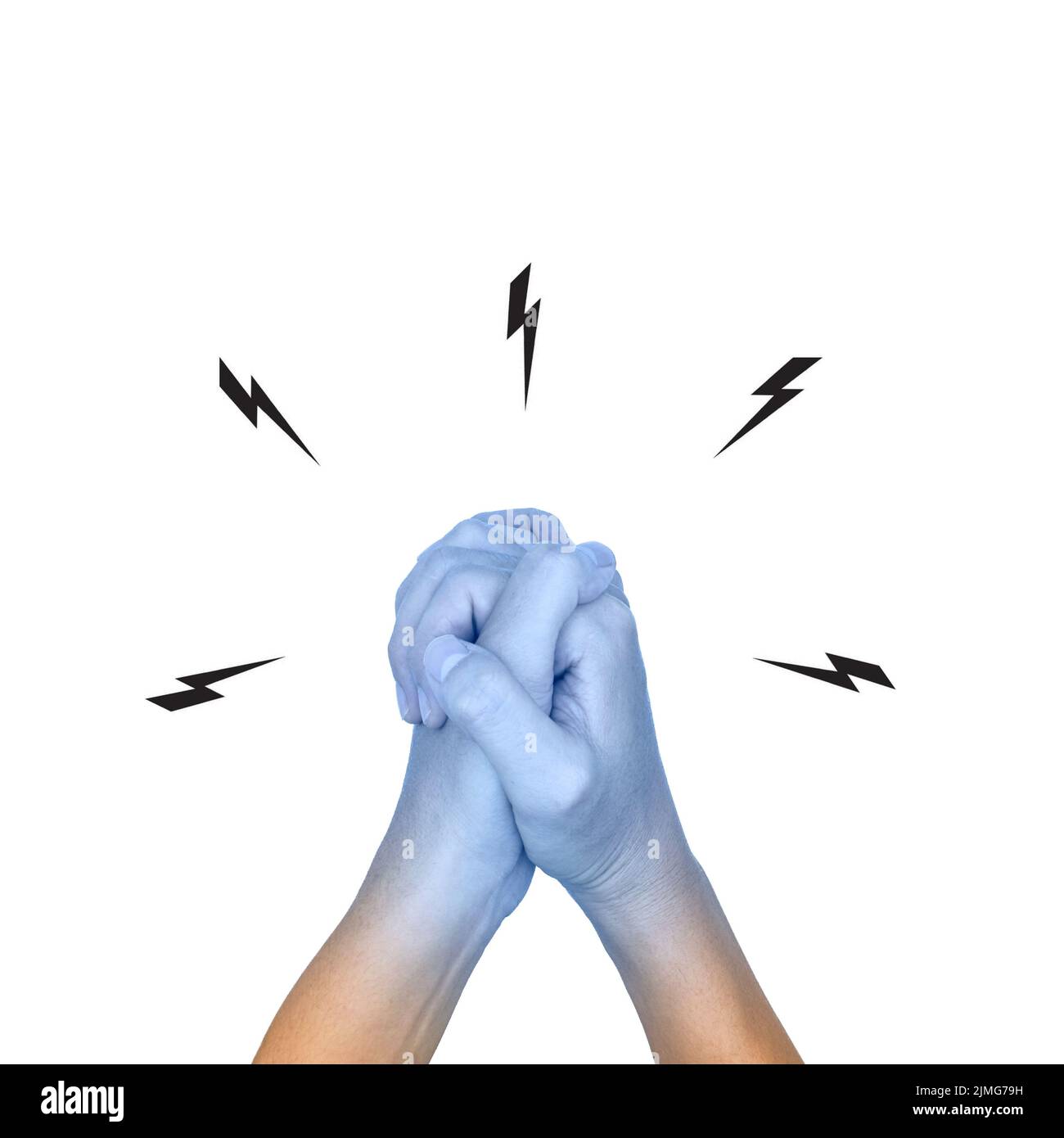 Mani afflitto insieme con il colore azzurro del giovane asiatico. Concetto di mano fredda e argumosa. Foto Stock