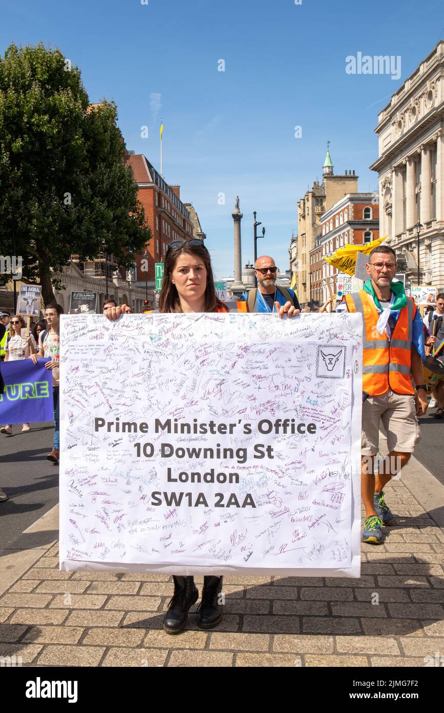 Londra, Inghilterra, Regno Unito 6 agosto 2022National diritti degli animali marzo da Marble Arch a Parliament Square, via Downing Street dove i manifestanti hanno invitato Boris Johnson ad affrontare il cambiamento climatico limitando l'industria della carne e dei latticini Credit: Denise Laura Baker/Alamy Live News Foto Stock