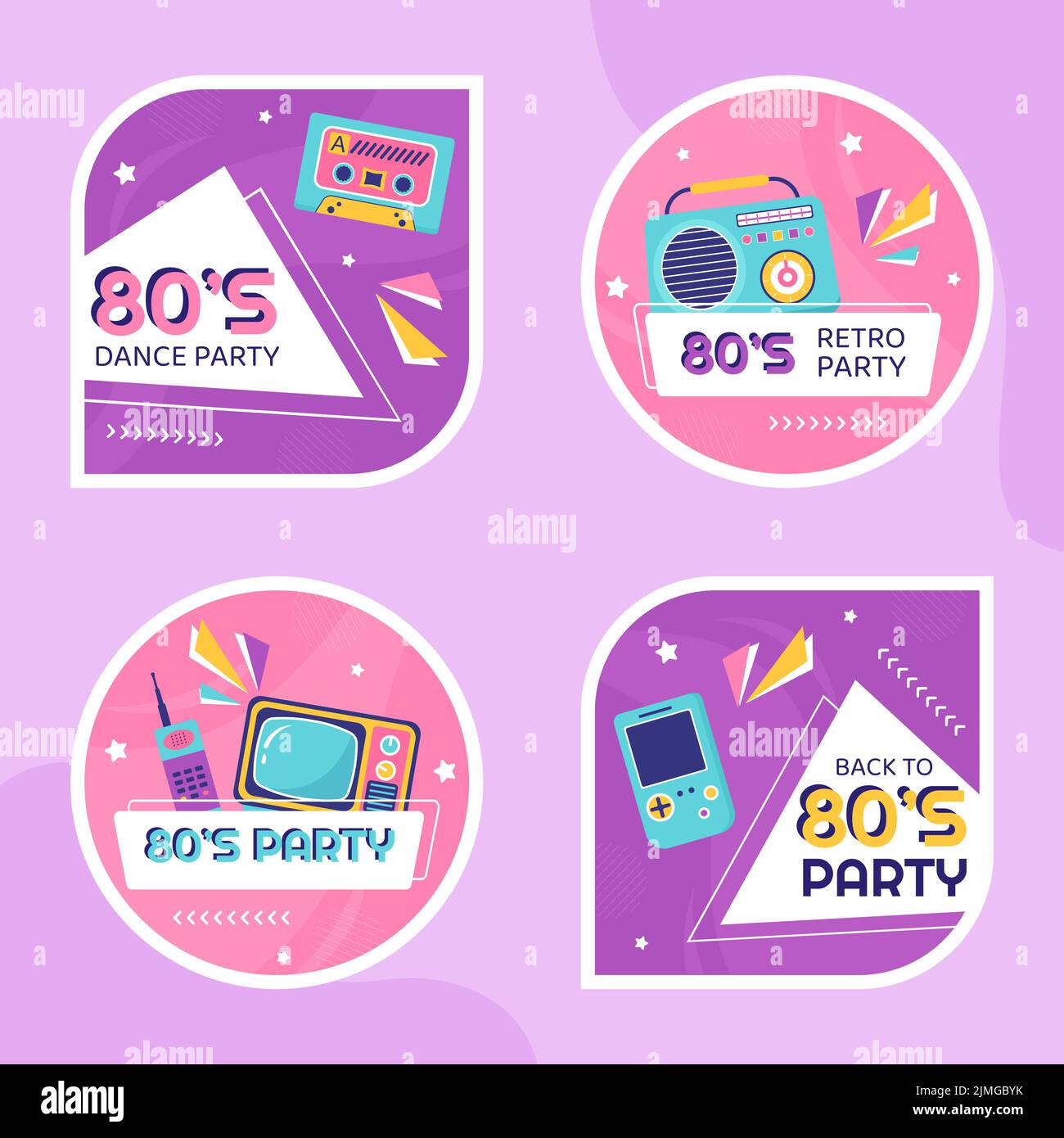 80s Party Label Template Flat Cartoon background Vector Illustration Illustrazione Vettoriale