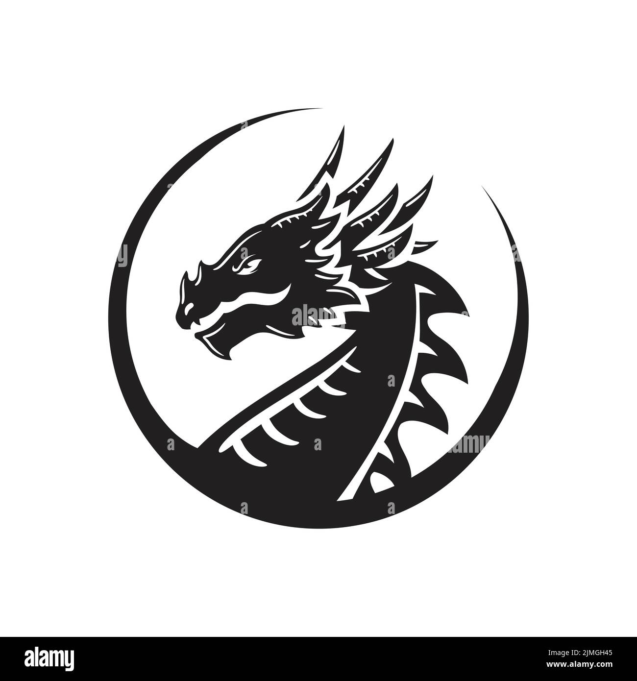 La silhouette della testa del drago, dipinta di nero con varie linee, il logo della figura del drago fata Vector Illustrazione Vettoriale