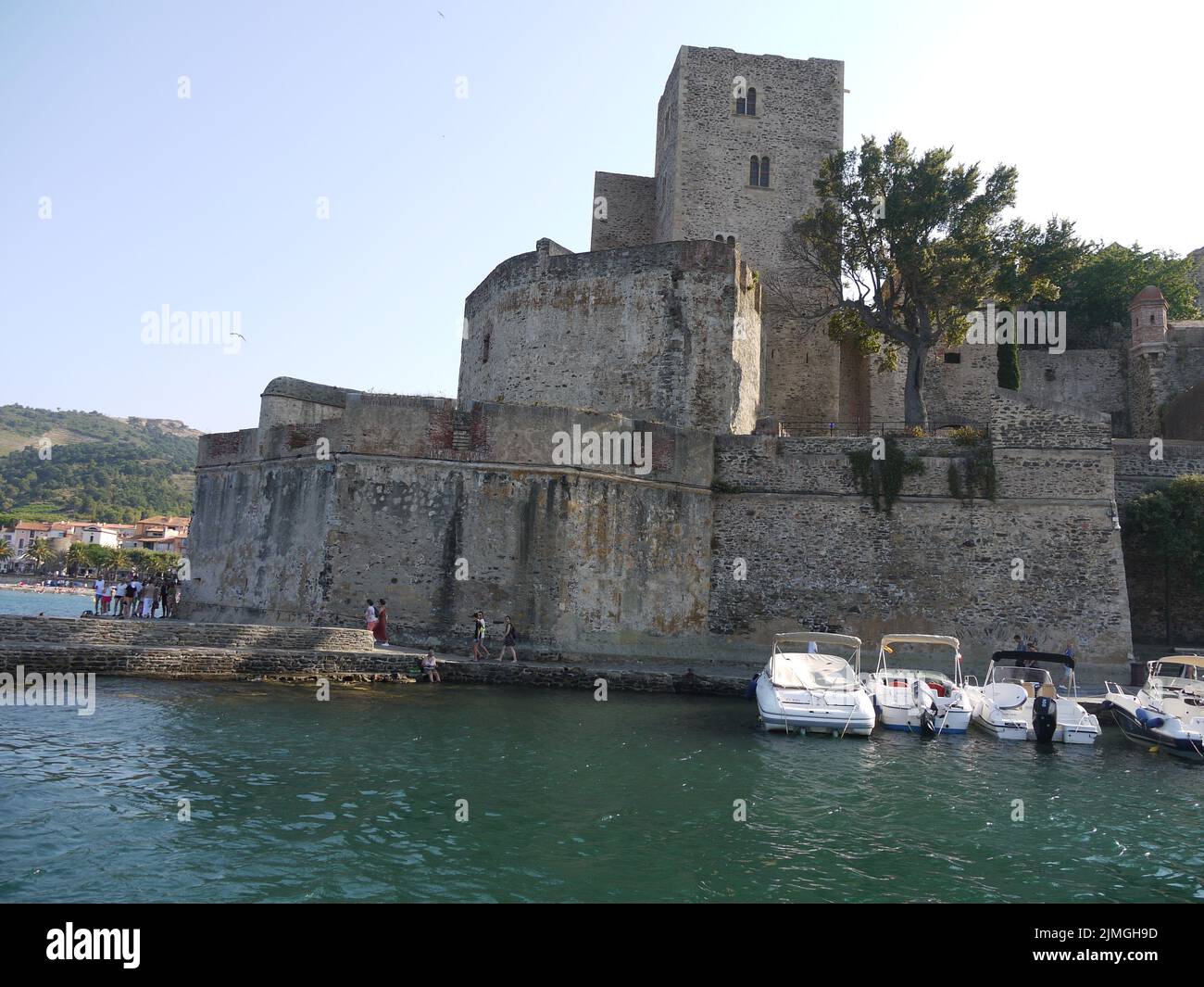 Il castello di Collioure, visto dal mare, e che domina il porto di questa città catalana Foto Stock
