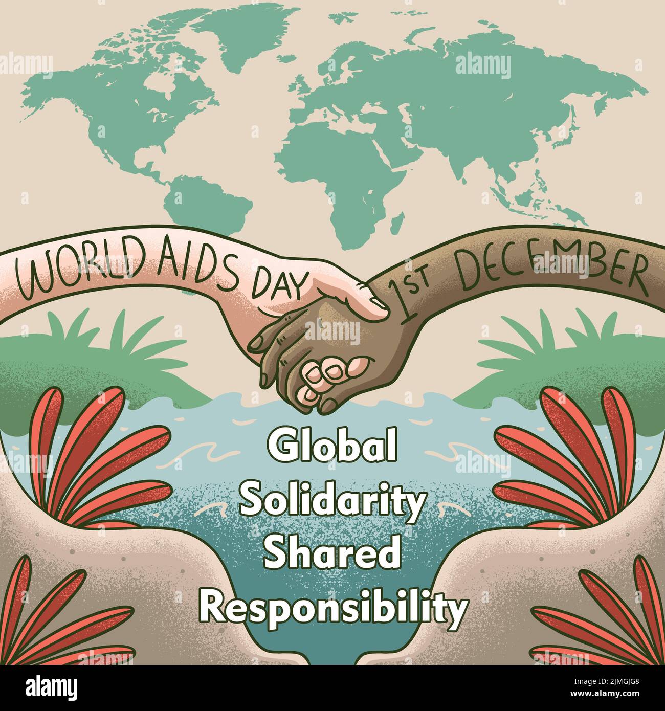 Un disegno vettoriale della giornata mondiale dell'AIDS sostiene la refondibilità e la solidarietà Illustrazione Vettoriale