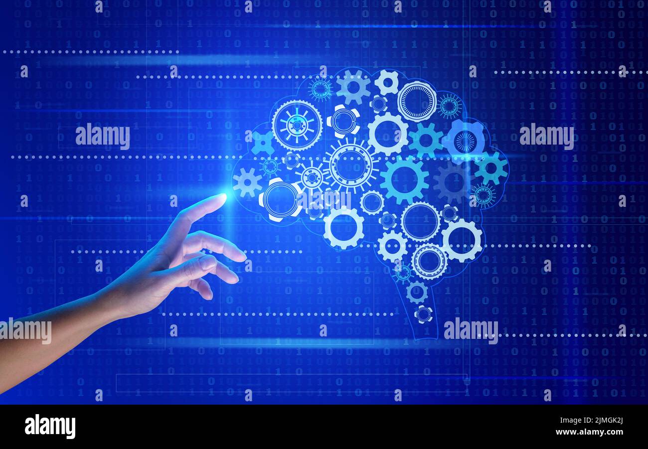 Illustrazione di un cervello con ingranaggi e una mano femminile che raggiunge un organo su uno sfondo blu Foto Stock