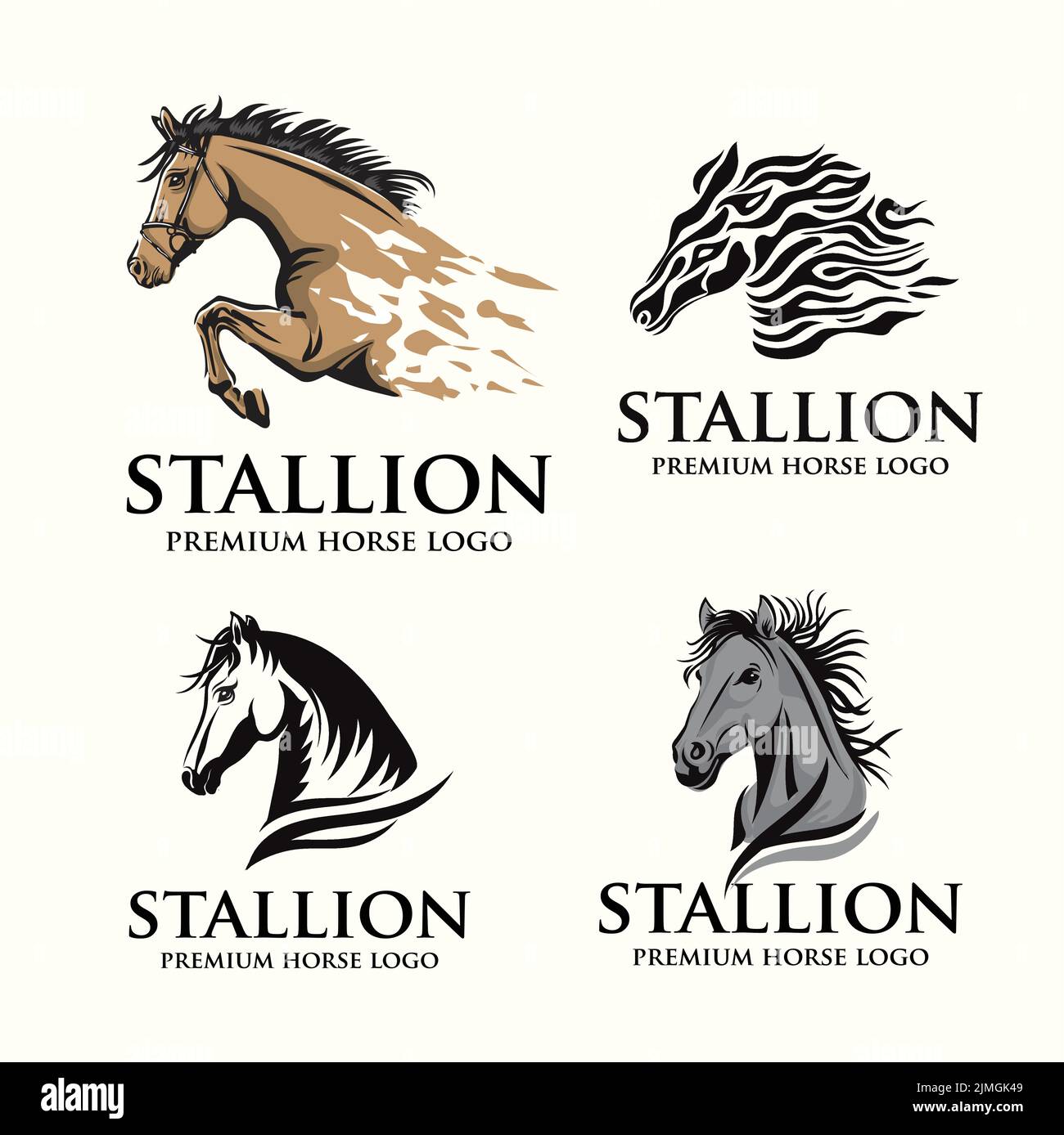 Un'illustrazione vettoriale di ritratti di cavalli e loghi di stalloni Illustrazione Vettoriale