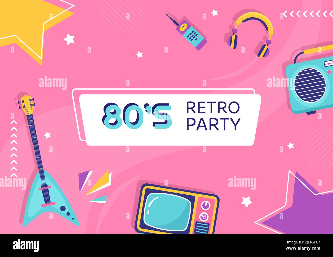 80s Party background Template Flat Cartoon Vector Illustration Illustrazione Vettoriale