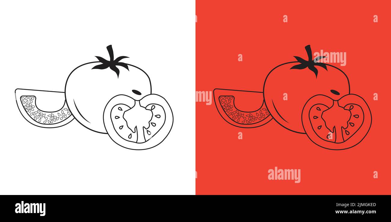 Pomodori disegnati a mano vettore illustrazione pieno, metà e affetta su sfondo rosso e bianco. Illustrazione Vettoriale