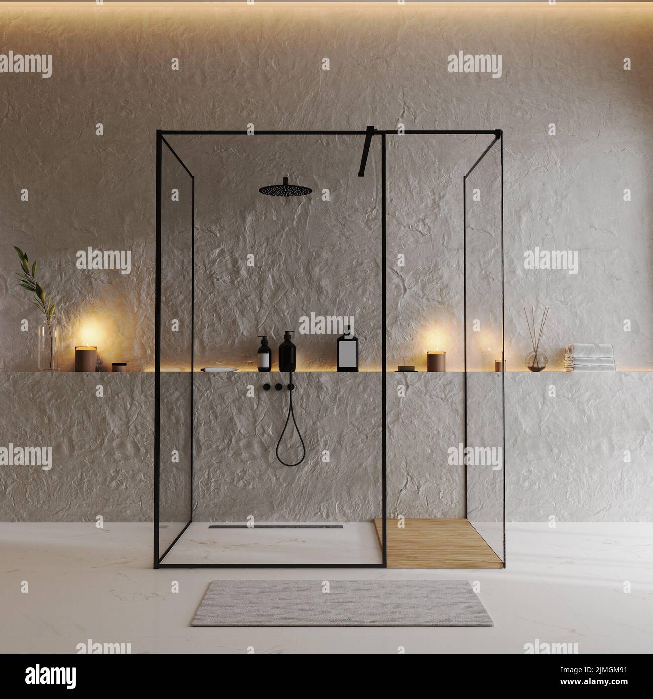 Bagno di lusso con cabina doccia, 3D rendering Foto Stock