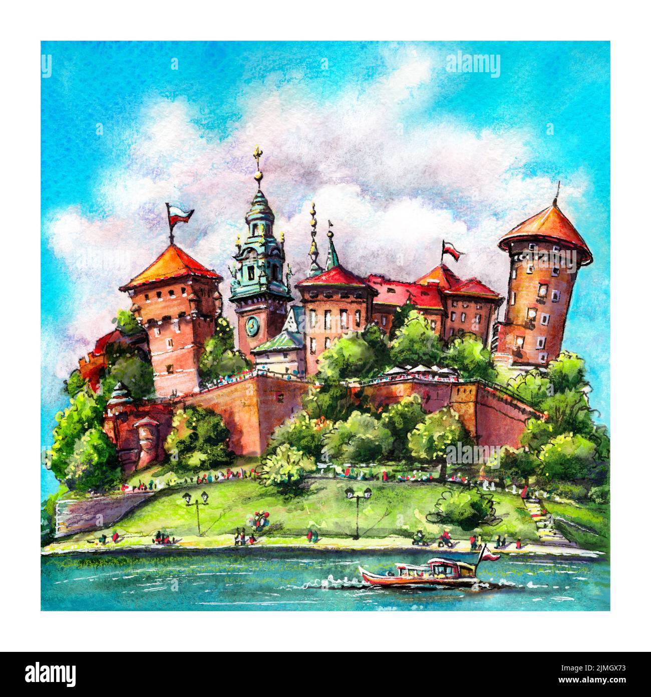 Disegno acquerello del Castello di Wawel sulla collina di Wawel come visto dalla Vistola, Cracovia, Polonia Foto Stock