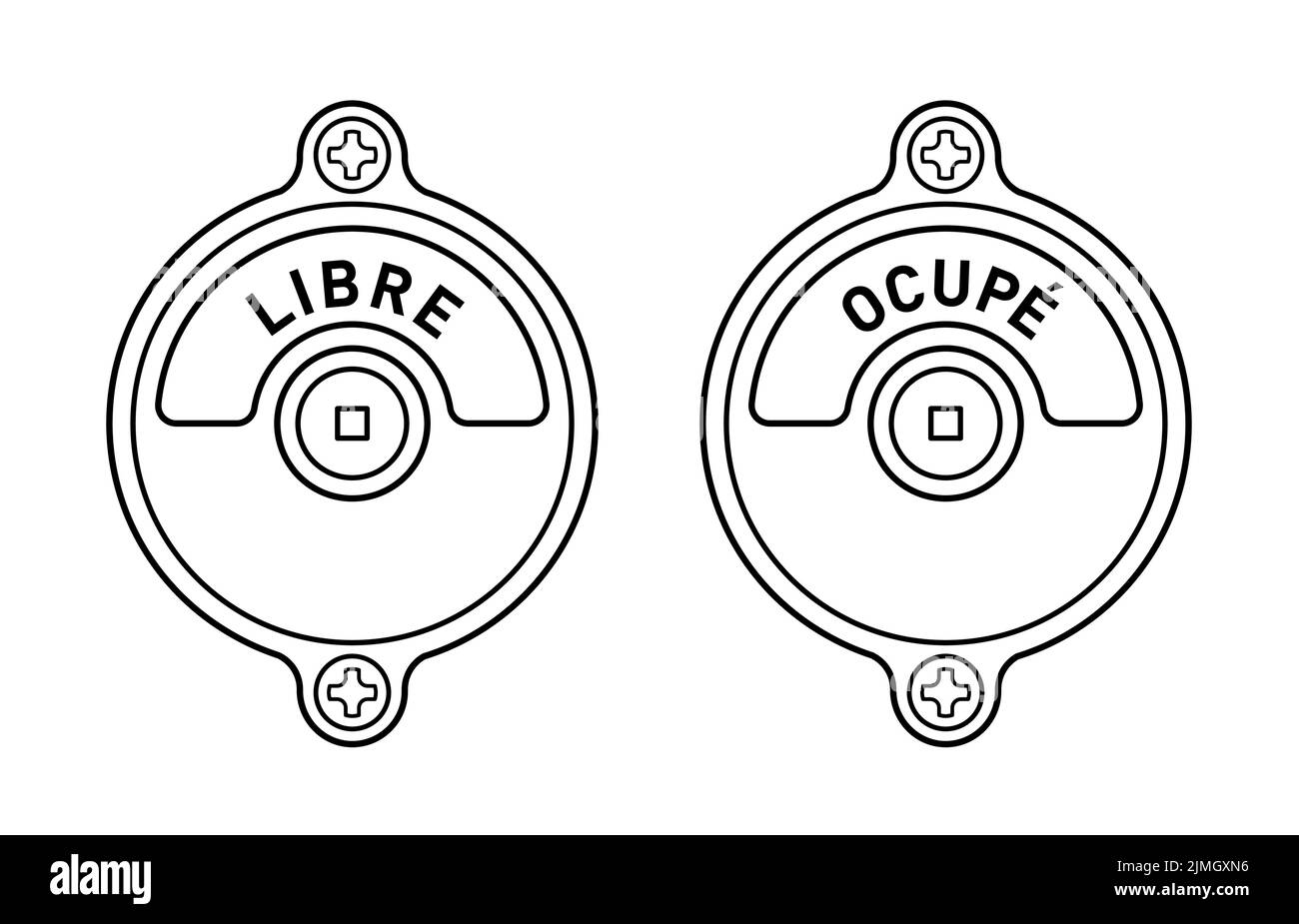 Illustrazione vettoriale Set di serrature per porte di gabinetto pubbliche con testo in francese, libre per vacante, ocupé per occupato Illustrazione Vettoriale