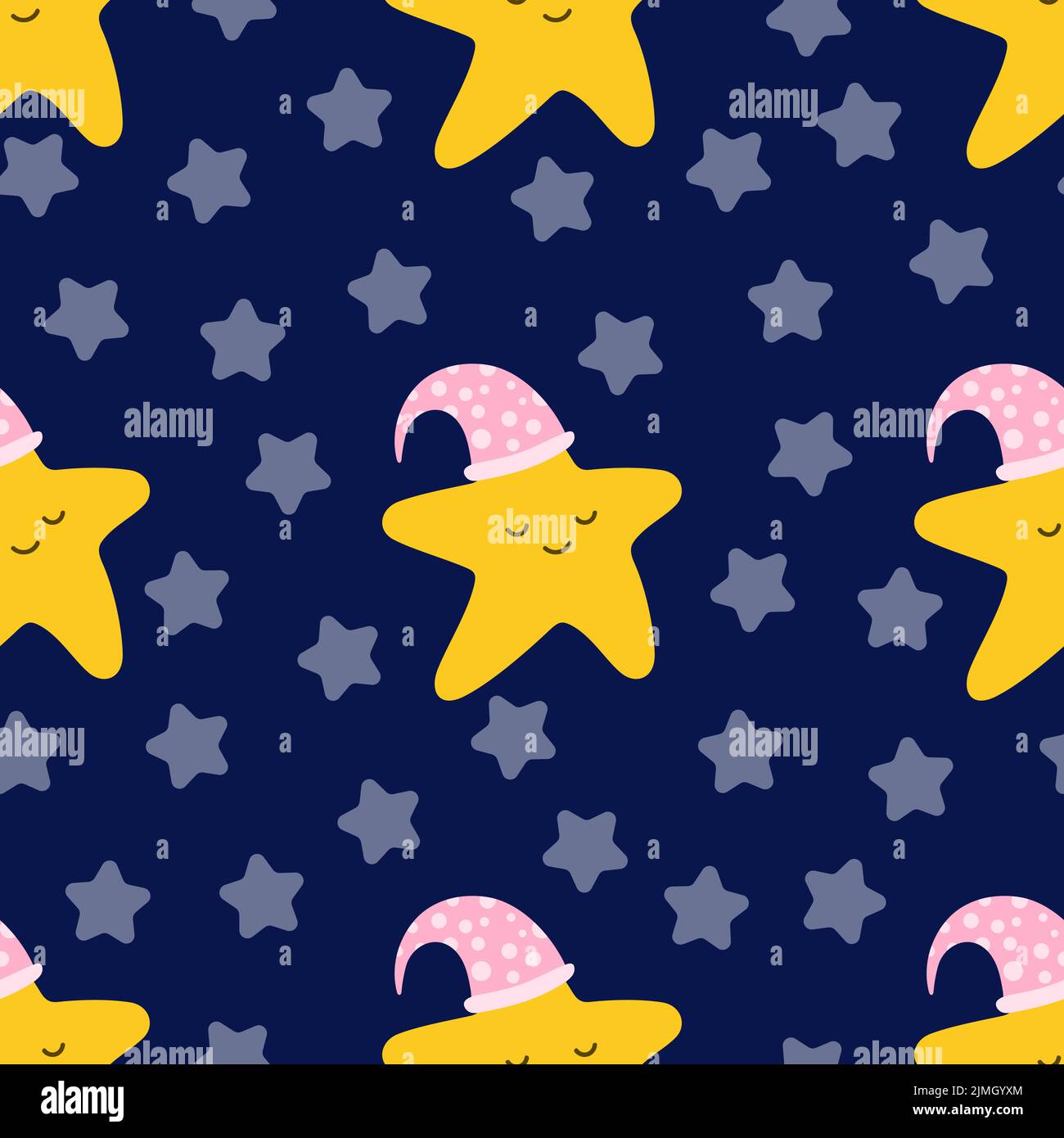 Ripetizione senza giunture. Una stella carina sta dormendo in un cappello da notte su uno sfondo blu. Il tema della ninna nanna Illustrazione Vettoriale