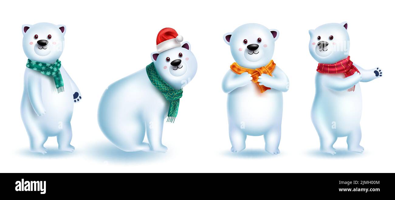 Disegno del set vettoriale dei caratteri dell'orso polare. Natale neve porta 3D personaggio in posa carina e amichevole e gesti per la collezione di animali invernali xmas. Illustrazione Vettoriale