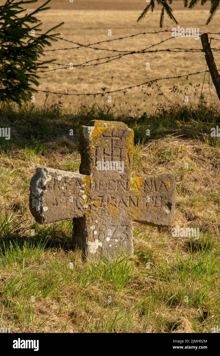 Antico cimitero. Lapidi abbandonate. Luogo di sepoltura. Podzamcok. Slovacchia. Foto Stock