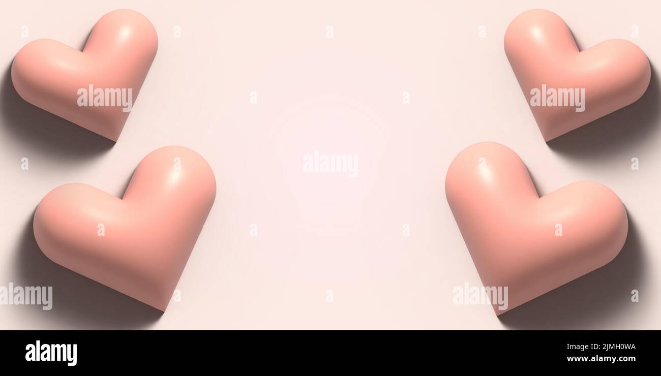 3D rendering dei cuori su sfondo rosa. Concetto di design per il poster di San Valentino. Carino modello banner amore o biglietto di auguri. Posiziona per testo. Proposta Illustrazione Vettoriale