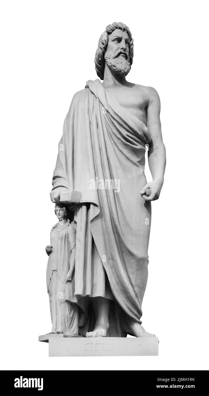 La statua dello scultore Smilis adorna la costruzione del nuovo Hermitage. Isolato su sfondo bianco con tracciato di ritaglio Foto Stock