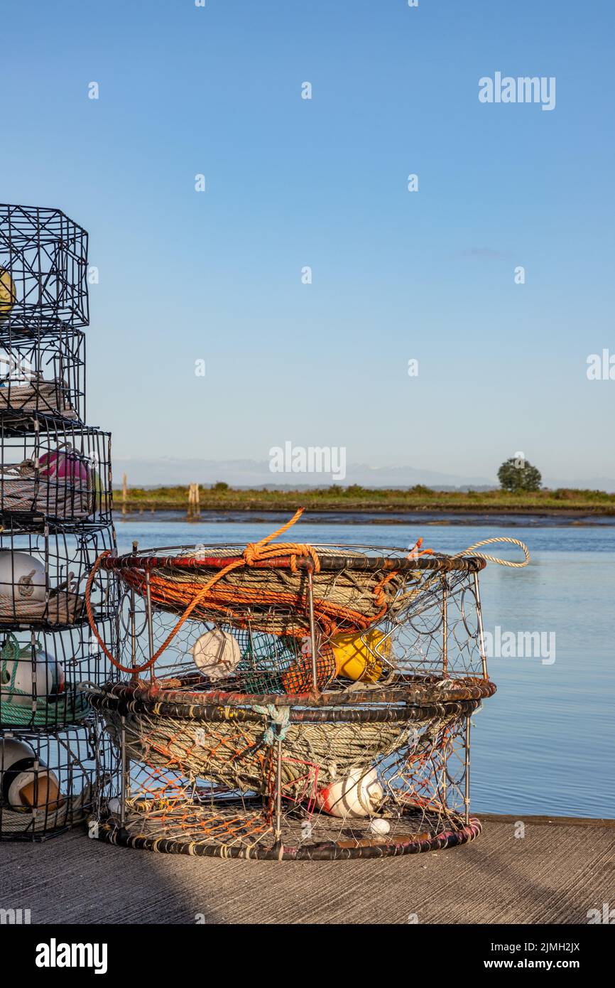 Gabbie di granchio sul molo di Everett Waterfront Foto Stock