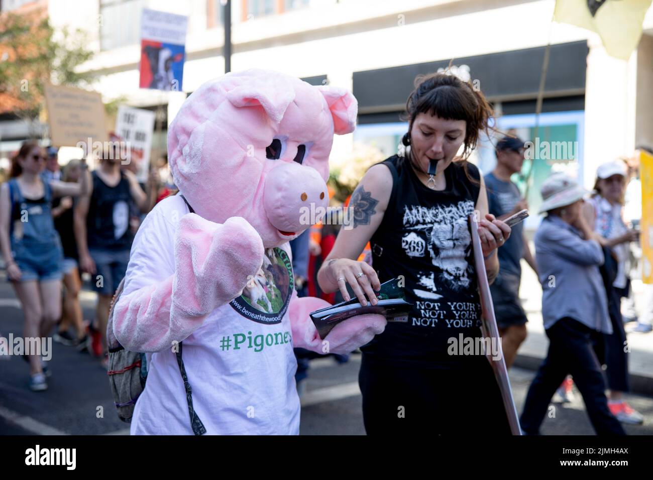 Londra, Regno Unito. 06th ago 2022. Un attivista vestito con un costume da maialino visto durante la dimostrazione. Gli attivisti per i diritti degli animali si sono riuniti e hanno marciato nel centro di Londra. Gli attivisti hanno spiegato i legami tra la crisi climatica e i diritti degli animali e hanno organizzato questo marzo come parte della campagna per il futuro delle piante. (Foto di Hesther ng/SOPA Images/Sipa USA) Credit: Sipa USA/Alamy Live News Foto Stock