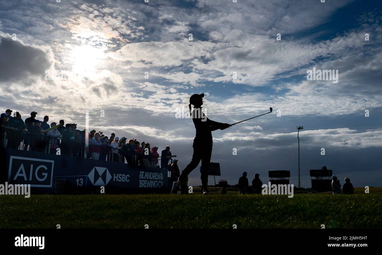 Gullane, Scozia, Regno Unito. 6th agosto 2022. Terza prova del campionato AIG Women’s Open di golf a Muirfield, nella East Lothian. PIC; Madelene Sagstrom si guida sul foro 13th. Iain Masterton/Alamy Live News Foto Stock