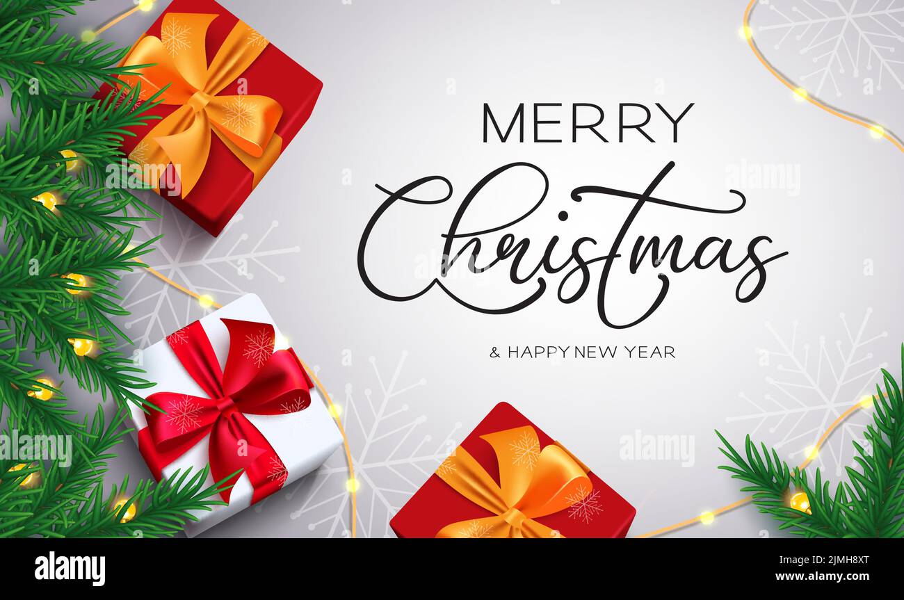 Buon natale vettore design. Buon testo di saluto natalizio con regali, rami di abete ed elementi di luce per la decorazione natalizia. Illustrazione Vettoriale