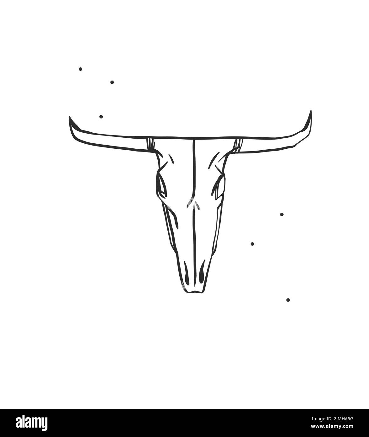 Disegno a mano astratto vettore grafico clipart illustrazione boho cranio di vacca con corna elemento logo.Westerndesign concetto.Bohemian selvaggio ovest contemporaneo Illustrazione Vettoriale