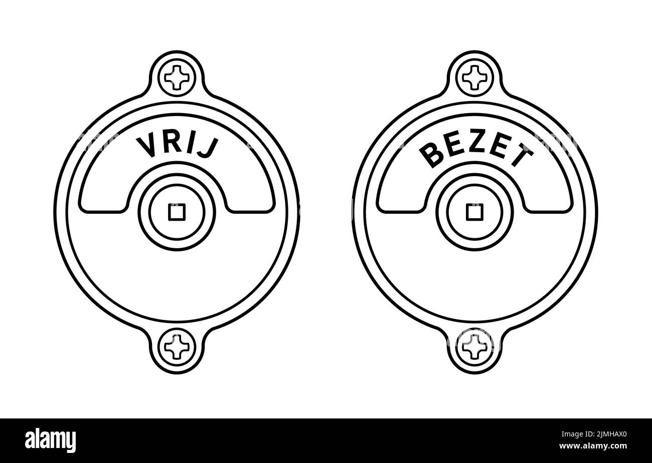 Illustrazione vettoriale Set di serrature per porte di gabinetto pubbliche con testo olandese, vrij per vacante, bezet per occupato Illustrazione Vettoriale