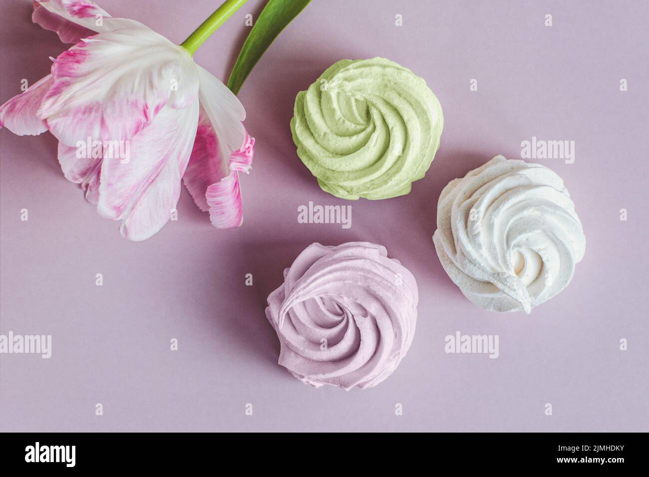 Biscotti alla meringa italiani con fiore su sfondo rosa, dolci primaverili piatto Foto Stock