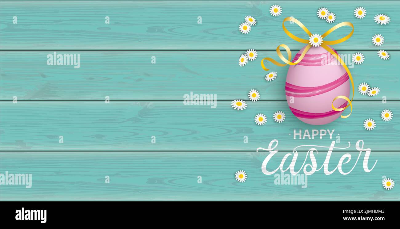 Happy Golden Easter Eggs Daisy Header in cian di legno Foto Stock