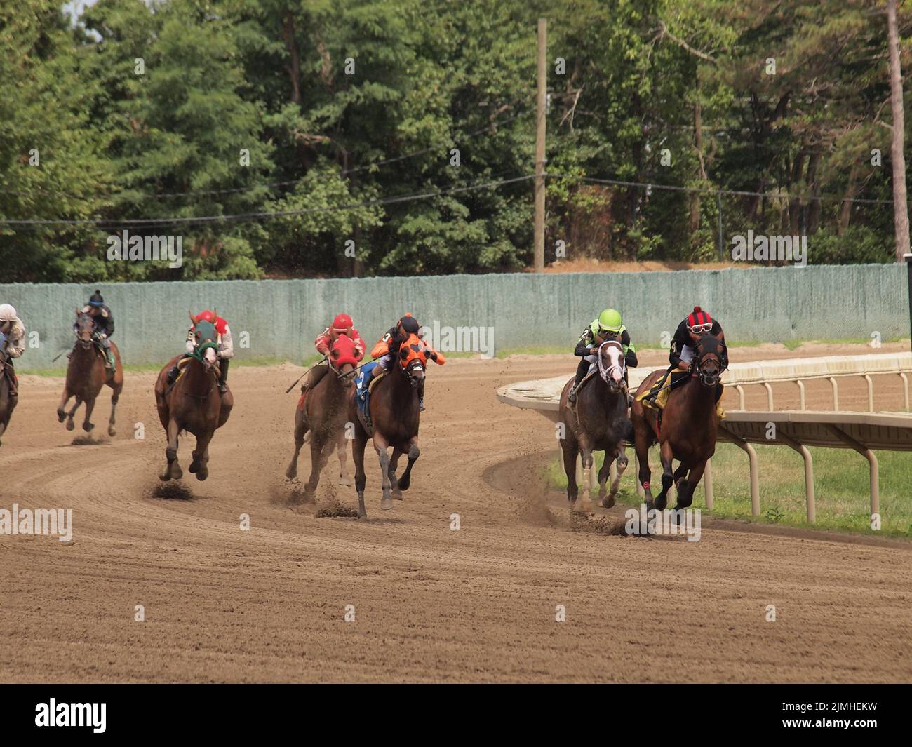 Corse di cavalli purosangue al Monmouth Park di Oceanport, New Jersey Foto Stock