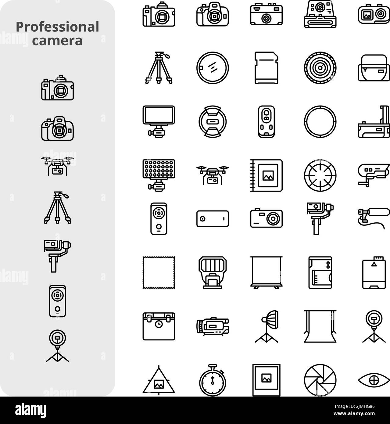 Un'illustrazione vettoriale del set di icone della fotocamera professionale Illustrazione Vettoriale