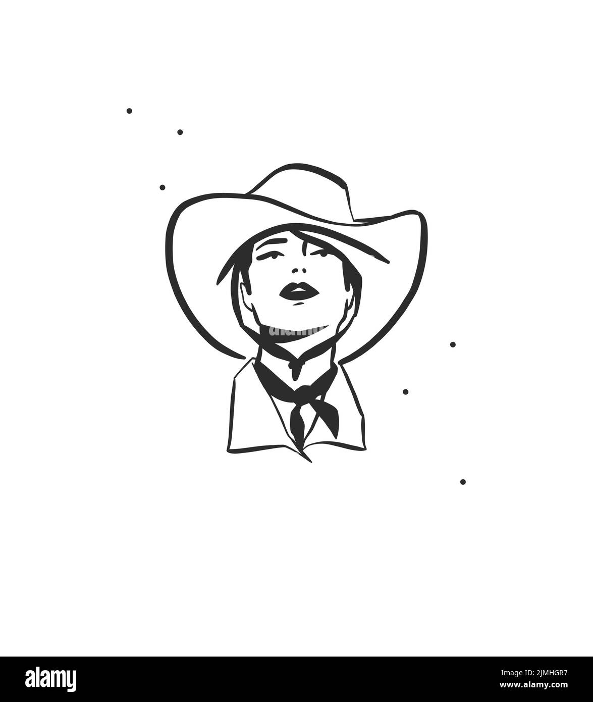 Disegno a mano astratto vettore grafico clipart illustrazione boho cowgirl in cappello portrait.Western femmina design concept.Bohemian selvaggio West arte contemporanea Illustrazione Vettoriale