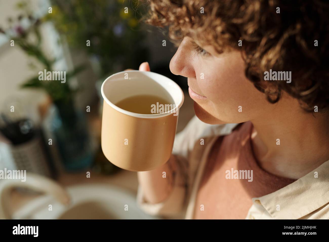 Primo piano di giovane donna bruna serena che ha caldo tè alle erbe mentre in piedi di fronte alla finestra in cucina la mattina di sole Foto Stock