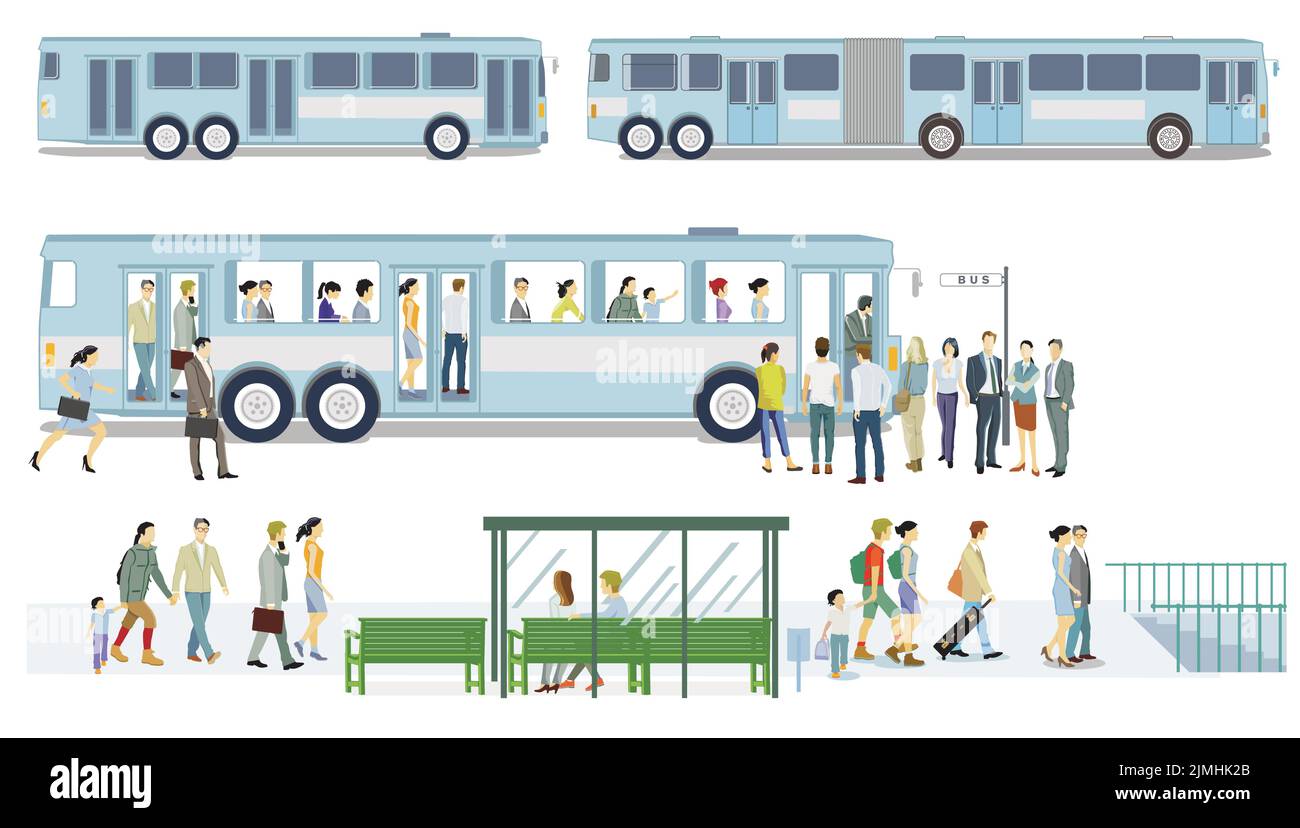 Trasporto pubblico con fermata dell'autobus, illustrazione Illustrazione Vettoriale