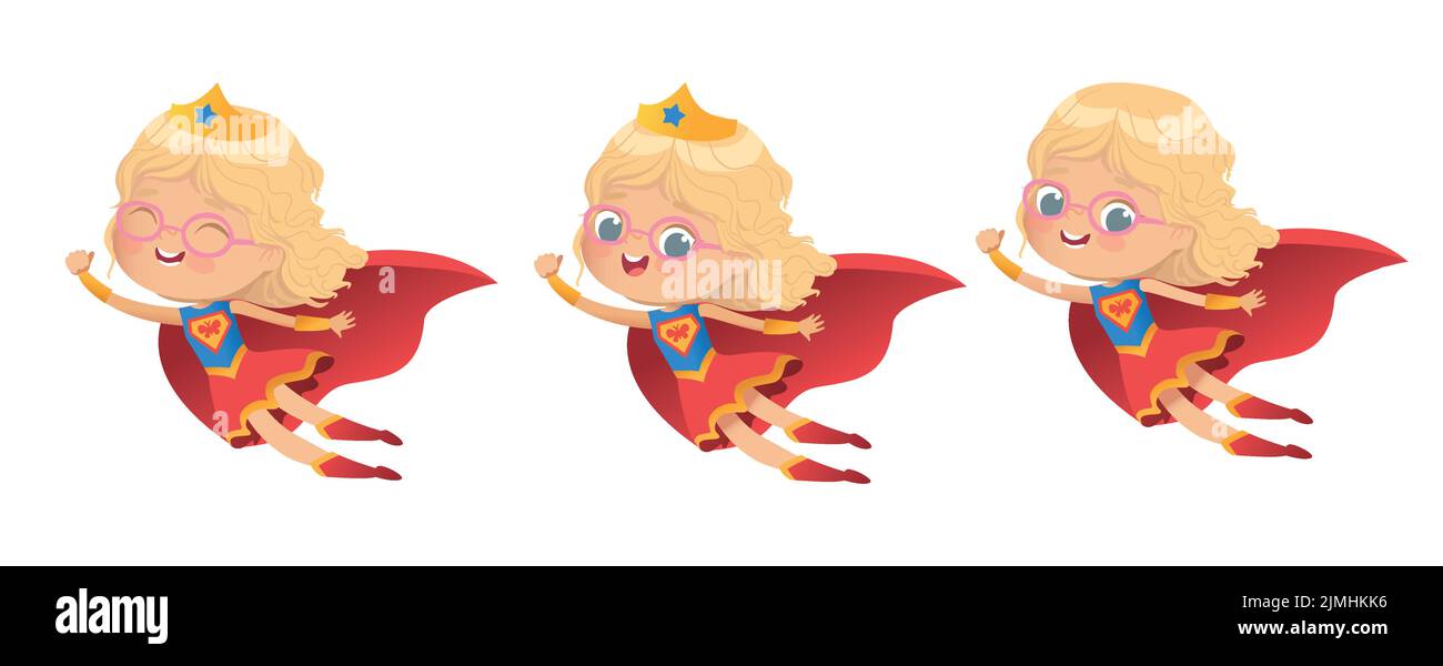Flying Blonde Girl indossa colorati costumi di superheroe, isolato su sfondo bianco Illustrazione Vettoriale