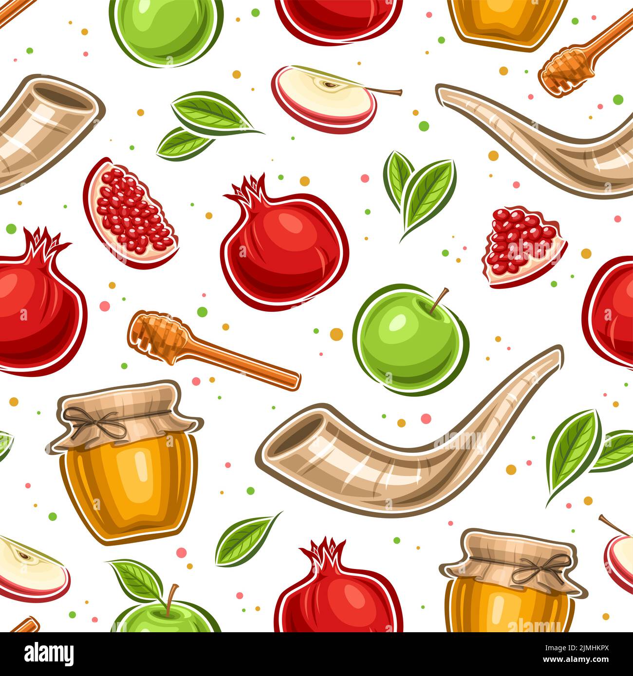 Vettore Rosh Hashanah modello senza giunture, quadrato ripetendo sfondo con set di illustrazioni ritagliate di fetta di melograno, vaso miele fattoria, mela con Illustrazione Vettoriale