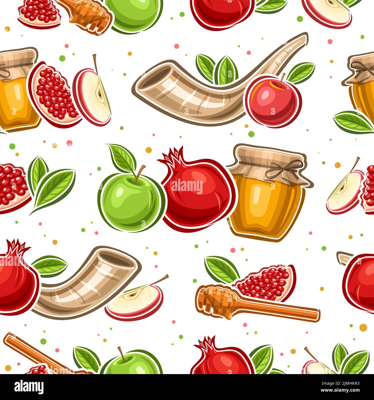 Vettore Rosh Hashanah modello senza giunture, quadrato ripetendo sfondo con set di illustrazioni ritagliate di immagini di natura morta composizioni fattoria miele vaso, fresco Illustrazione Vettoriale