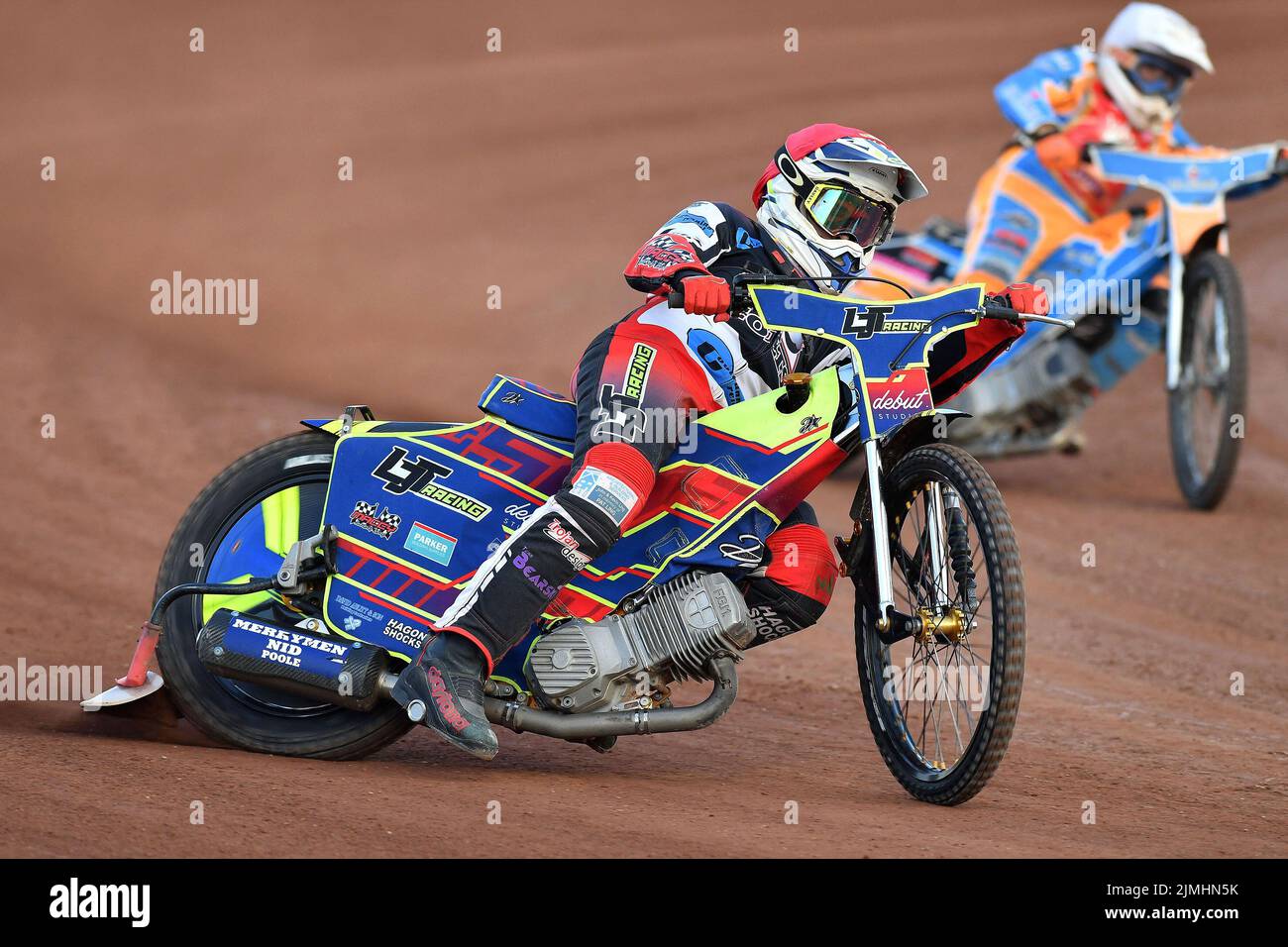 MANCHESTER, REGNO UNITO. AGOSTO 5th Jake Mulford di Belle Vue 'Cool Running' Colts guida Dano Verge (Capitano) dei reali di Kent 'Iwade Garage' durante la partita della National Development League tra Belle Vue 'Cool Running' Aces e dei reali di Kent 'Iwade Garage' al National Speedway Stadium di Manchester venerdì 5th agosto 2022. (Credit: Eddie Garvey | MI News) Credit: MI News & Sport /Alamy Live News Foto Stock