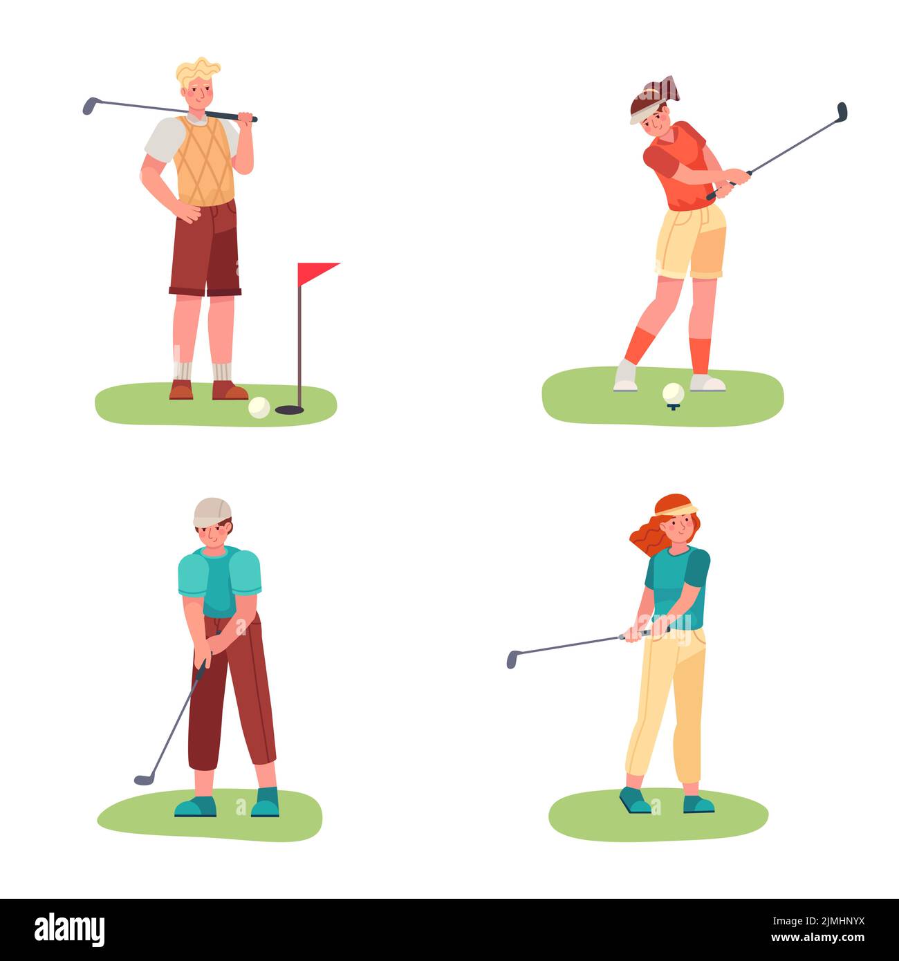 Giocare a golf. Personaggi femminili e maschili che si esercitano con i club di golf, colpendo la palla. Giocatori che fanno sport sul prato verde. Persone che hanno un hobby attivo. Uscita Illustrazione Vettoriale