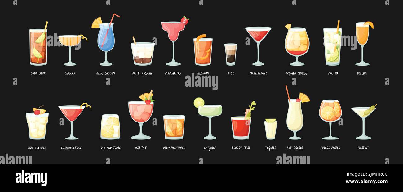 Set vettoriale di cocktail alcolici classici. Stile piatto. Illustrazione Vettoriale