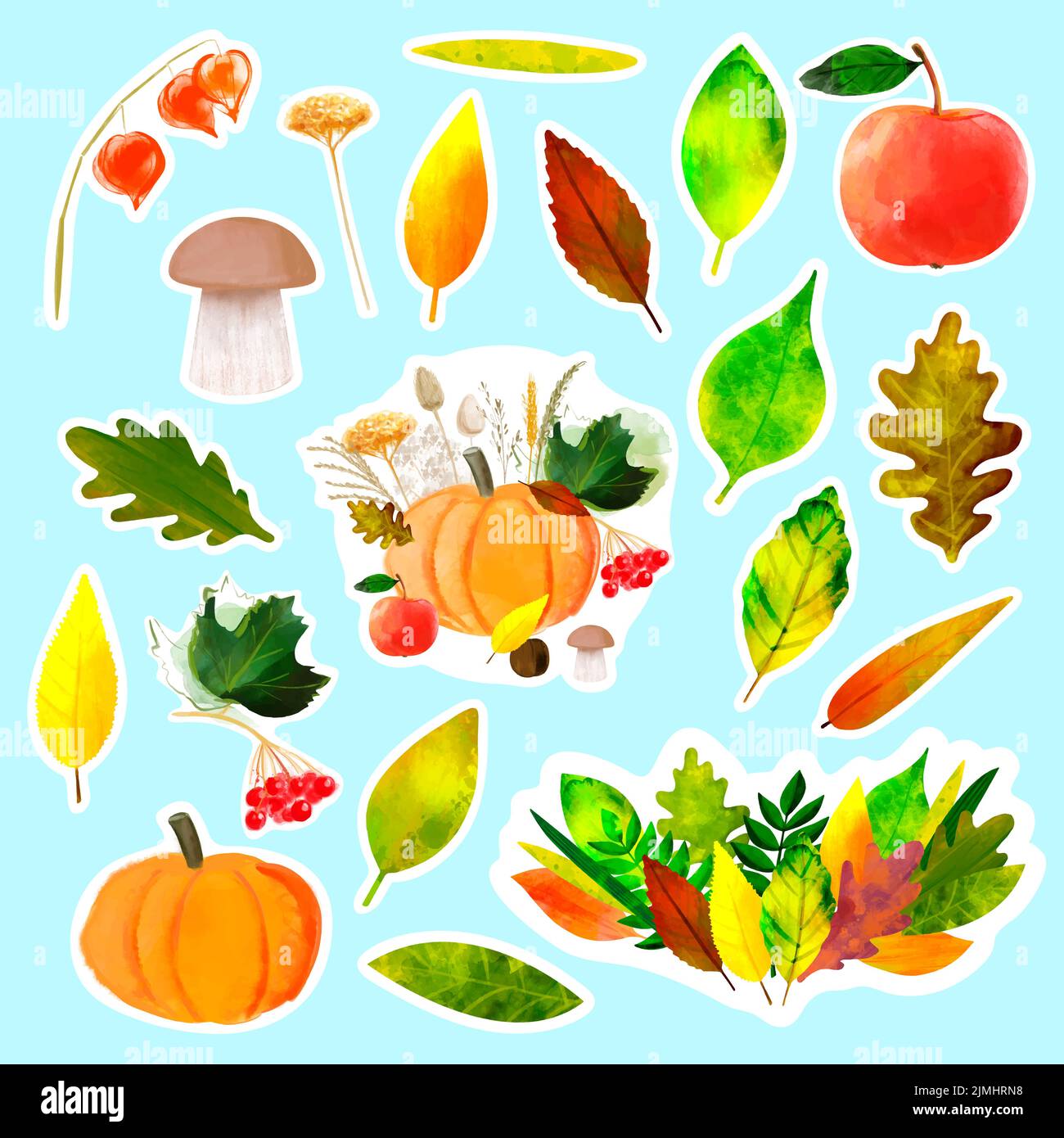 Adesivi con illustrazione autunnale con foglie colorate e raccolta autunnale di zucca, mela, viburnum e funghi Illustrazione Vettoriale