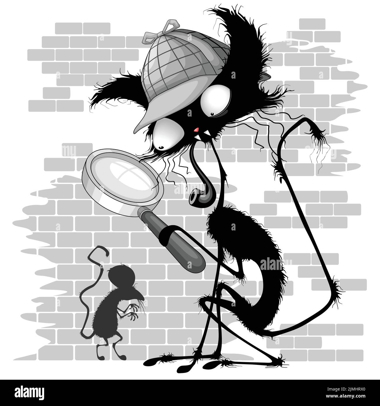 Divertente Sherlock Holmes Parody Cat Cartoon con il suo tradizionale tubo di tabacco e la sua lente d'ingrandimento. Grafica vettoriale originale Illustrazione Vettoriale
