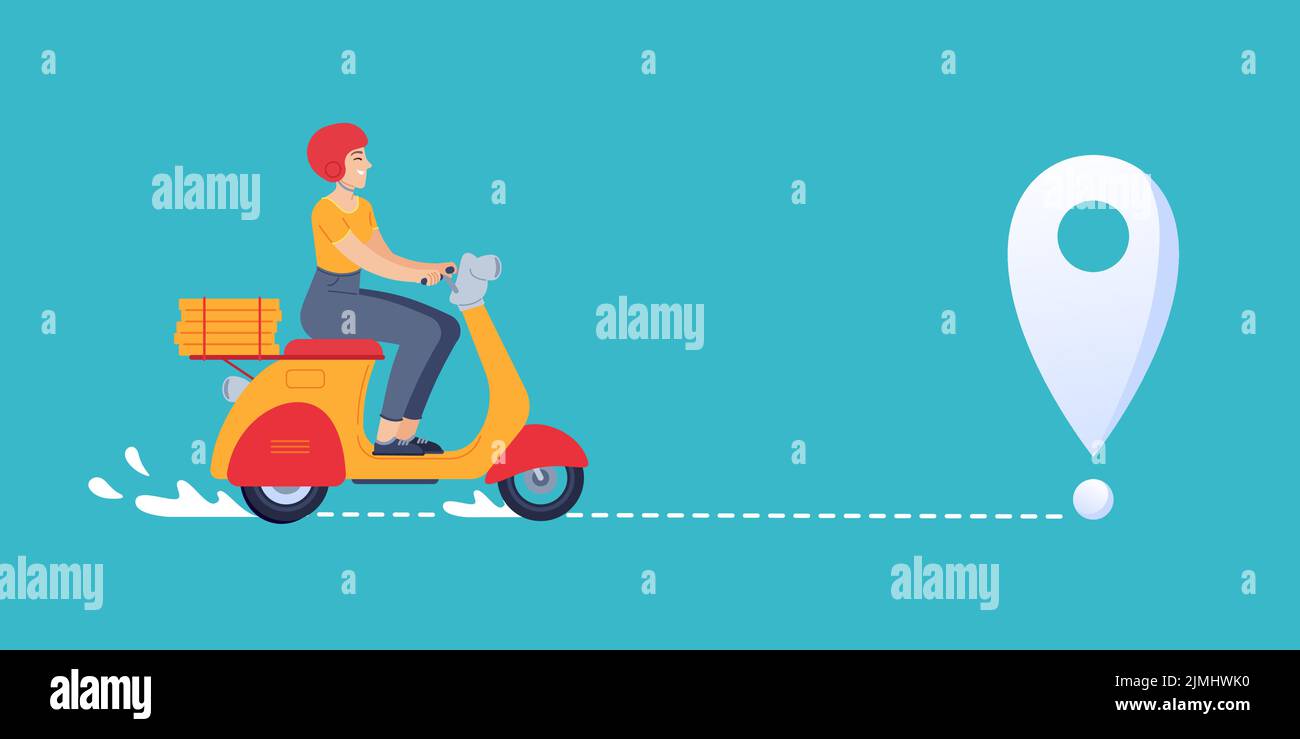 Consegna cibo corriere. Scooter a cavallo femminile con scatole per pizza. Donna lavoratore in casco andando a posizione marchio. Spedizione veloce di cibo per onlin Illustrazione Vettoriale