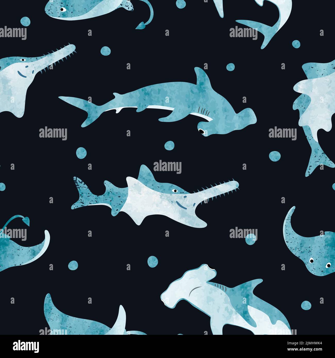 Senza cuciture carino animali di mare modello. Sfondo vettoriale acquerello con squalo, skate, pesce sega. Illustrazione Vettoriale