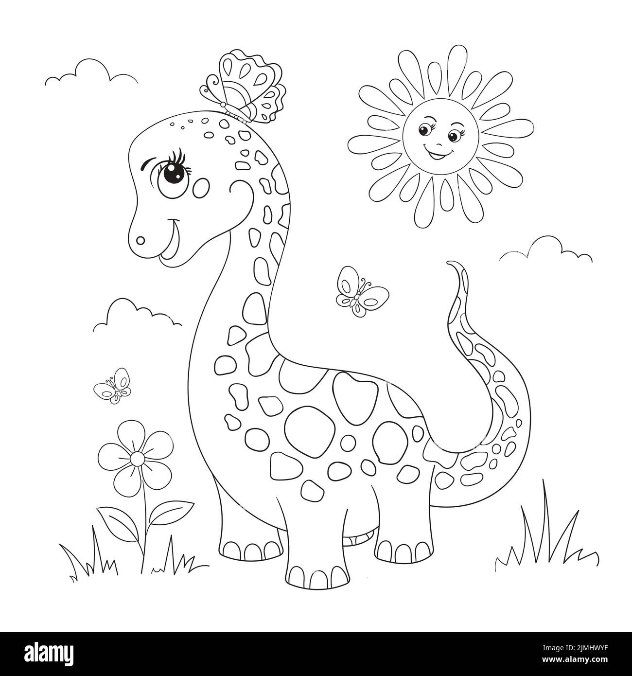 Carino dinosauro cartoon con una farfalla. Immagine lineare in bianco e nero. Per bambini Illustrazione Vettoriale