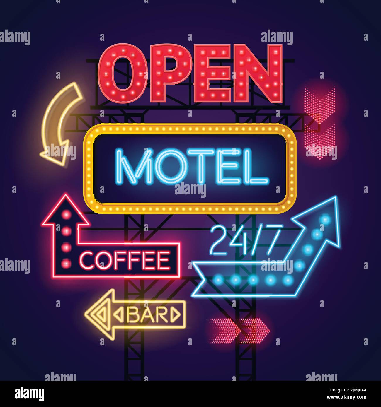 Colorate e luminose insegne al neon per il motel e il set di caffè su sfondo blu scuro illustrazione vettoriale Illustrazione Vettoriale