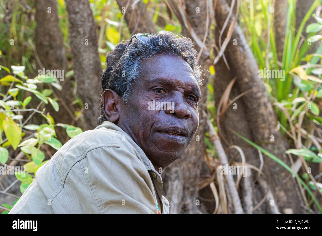 Ritratto di Neville Namarnyilk, una guida aborigena, attore e artista da Arnhem Land, territorio del Nord, Australia Foto Stock