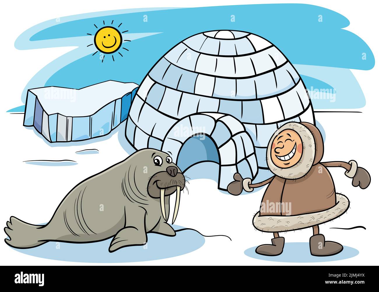 Cartoon Eskimo o Lapp con igloo e walrus Foto Stock