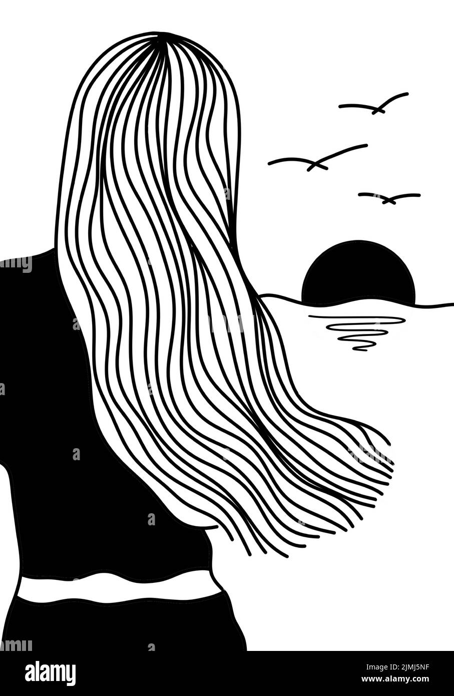 Una ragazza e la luna. Un disegno di silhouette in bianco e nero per sfondo, logo e altre esigenze di illustrazione Illustrazione Vettoriale