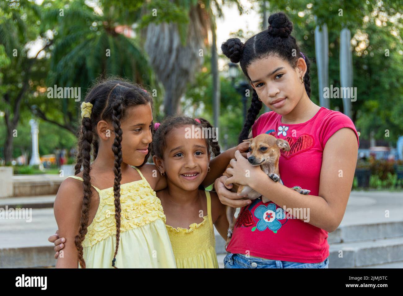 Tre giovani ragazze che tengono il loro cane da compagnia chihuahua, Cuba. Foto Stock