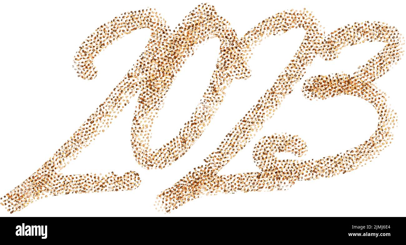 2023 Felice Anno Nuovo. Testo dorato con trama glitterata oro. Stampa calligrafica scritta a mano. Vettore. Illustrazione Vettoriale